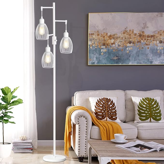 Dimmable Floor Lamp, 3 x 800LM LED Edison Bulbs Included, Farmhouse Industrial Floor Lamp Standing Lamp with Elegant Teardrop Cage Head Tall Lamp for Living Room Bedroom Office Dining Room - White - LeafyLoom