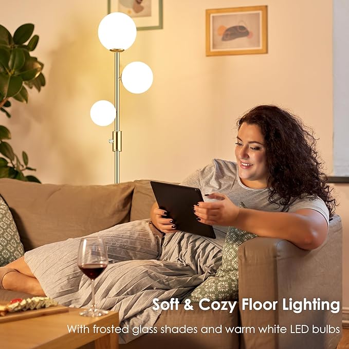 69" 3-Globe Mid Century Floor Lamp for Living Room, Modern Dimmable Tall Standing Lamp with Frosted Glass Shades, Contemporary Gold Pole Lamp for Bedroom Office, 3 LED Bulbs Included - LeafyLoom