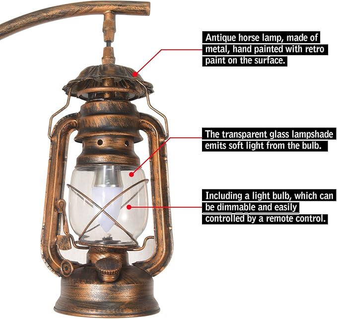 Hsyile Floor Lamp for Living Room Bedroom with Table and Shelves Retro Horse Lantern Floor Lamp with Remote Dimmable Farmhouse Standing Lamp (Red Copper) - LeafyLoom