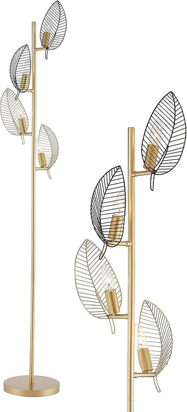 WOXXX Industrial Gold Floor Lamp with 4 Brush Black Finish Leaf Shade, Modern Tree Floor Lamps for Living Room Bedrooms Reading Standing Lamp Living Room Lamps Farmhouse Tall Lamp (4 Bulbs Included) - LeafyLoom