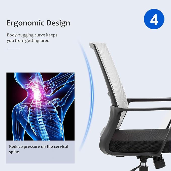 Office Chair Ergonomic Desk Task Chair Mesh Computer Chair Mid-Back Mesh Home Office Swivel Chair Modern Executive Chair with Wheels Armrests Lumbar Support (Grey) - LeafyLoom