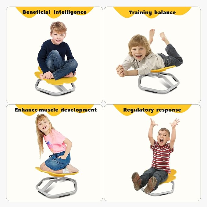Sensory Toys Kids Swivel Chair, Autism Kids Swivel Chair, Petal Sit and Spin Seat Balance Chair Indoor for Child Age 3+, Regulating Toddler’s Body Balance, Metal Base Non-Slip Yellow - LeafyLoom