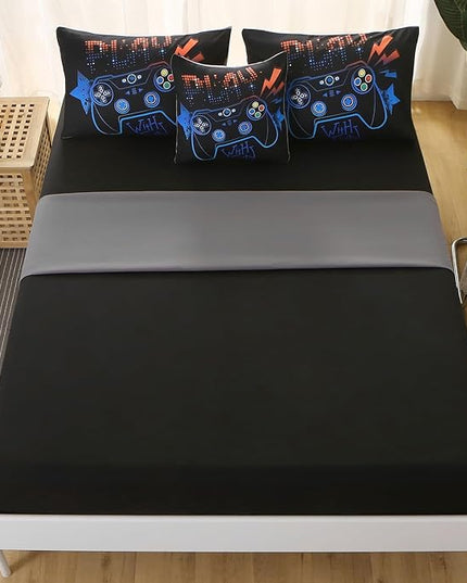 6Pcs Game Console Comforter Set with Sheets for Boys Girls Kids Teens, Geometric Gaming Themed Bed in A Bag Twin Size, 3D Video Gamer Controller Bedroom Decor Bedding Set(Blue) - LeafyLoom