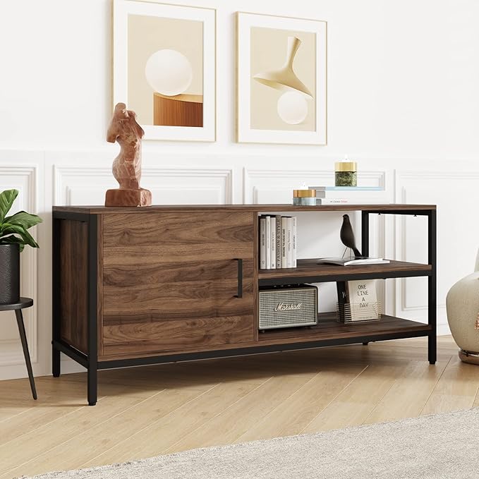 Novilla Retro Farmhouse TV Stand for TVs up to 50 Inches, Living Room Entertainment Center for Flat/Curved Screen, 43 Inches, Walnut - LeafyLoom
