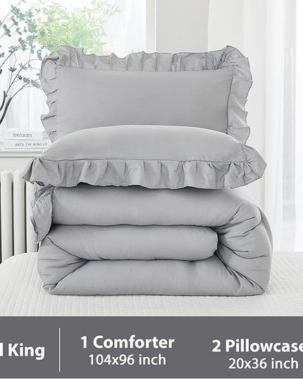 Andency Silver Gray Comforter Set California King Size, 3 Pieces Vintage Shabby Ruffle Bedding Comforter Sets for Cal King Bed, Lightweight Fluffy Soft Microfiber Farmhouse Comforter Set - LeafyLoom