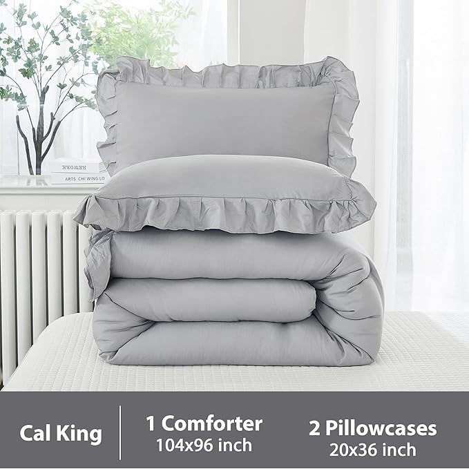Andency Silver Gray Comforter Set California King Size, 3 Pieces Vintage Shabby Ruffle Bedding Comforter Sets for Cal King Bed, Lightweight Fluffy Soft Microfiber Farmhouse Comforter Set - LeafyLoom
