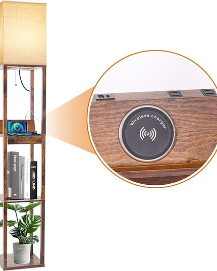 RUNTOP Floor Lamp with Shelves, Shelf Floor Lamp with Wireless Charger & 2 Charging USB Ports & Drawer, AC Outlet, 3 Color Temperature Tall Standing Lamp with Bulb for Living Room, Bedroom, Office - LeafyLoom