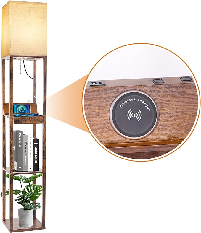 RUNTOP Floor Lamp with Shelves, Shelf Floor Lamp with Wireless Charger & 2 Charging USB Ports & Drawer, AC Outlet, 3 Color Temperature Tall Standing Lamp with Bulb for Living Room, Bedroom, Office - LeafyLoom