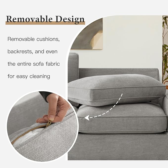 EASELAND Sofa Couch, 88" Chenille Loveseat for Living Room, 3 Seater Lounge Sofa for Bedroom with Removable Back and Seat Cushions, Modern Deep Seat Comfy Couch with Solid Wood Legs and Armrest (Grey) - LeafyLoom