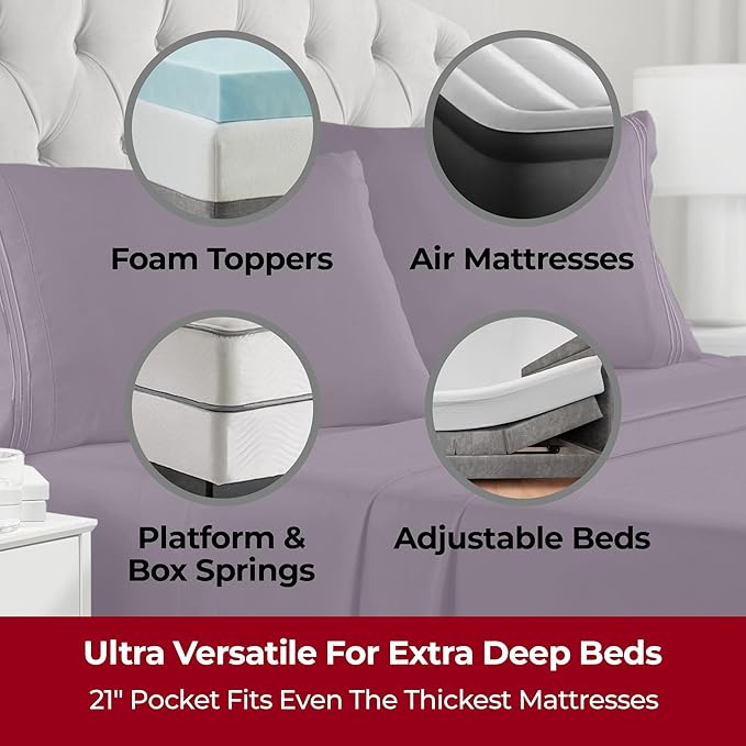 Mellanni Extra Deep Twin Sheets - 3 PC Iconic Collection Bedding Sheets & Pillowcases - Hotel Luxury, Ultra Soft, Cooling Bed Sheets - Extra Deep Pocket up to 21 inch (Twin, Purple) - LeafyLoom