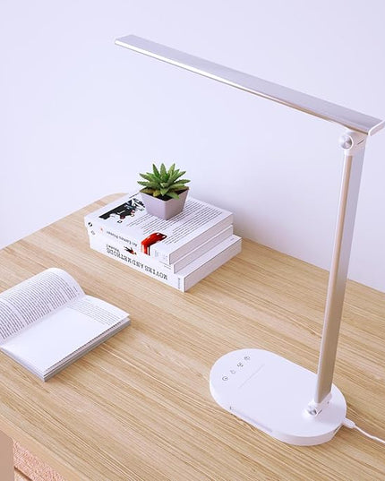 Clearance LED Desk Lamp with USB Charging Port, Birght Desk Light for Home Office, Computer, Work Desktop, Table Lamp with Night Light, Timer, 5 Modes Reading Lamp, Touch Dimmable, Adjustable, Sliver - LeafyLoom