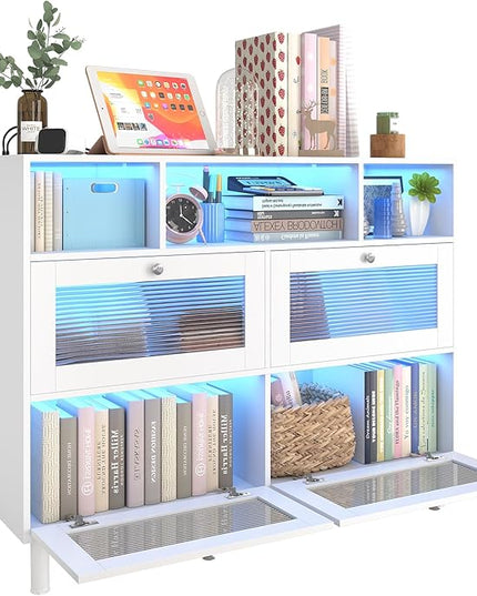 Sideboard Fluted Buffet Cabinet with Storage | 47’’ Large Kitchen Storage Cabinet with LED Light & Power Outlet, Modern Coffee Bar Cabinet Buffet Table for Living Room, Dining Room, Entryway - LeafyLoom