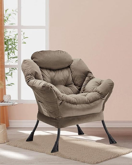 Lazy Chair Thick Padded, Accent Chair Velvet Upholstered with Wide Seat, Stable Metal Frame and Non-Slip Pad, Modern Sofa Armchair with Side Storage Bag for Dorm, Room, Office, Dark Gray - LeafyLoom