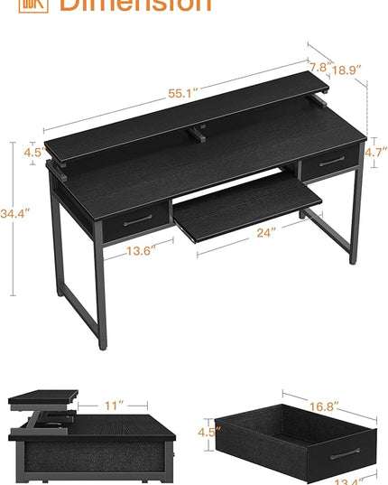 ODK Computer Desk Study Table, 55 Inch Office Desk with Drawers and Keyboard Tray, Study Desk Work Desk with Monitor Shelf, Writing Desk with Storage for Home Office, Black - LeafyLoom