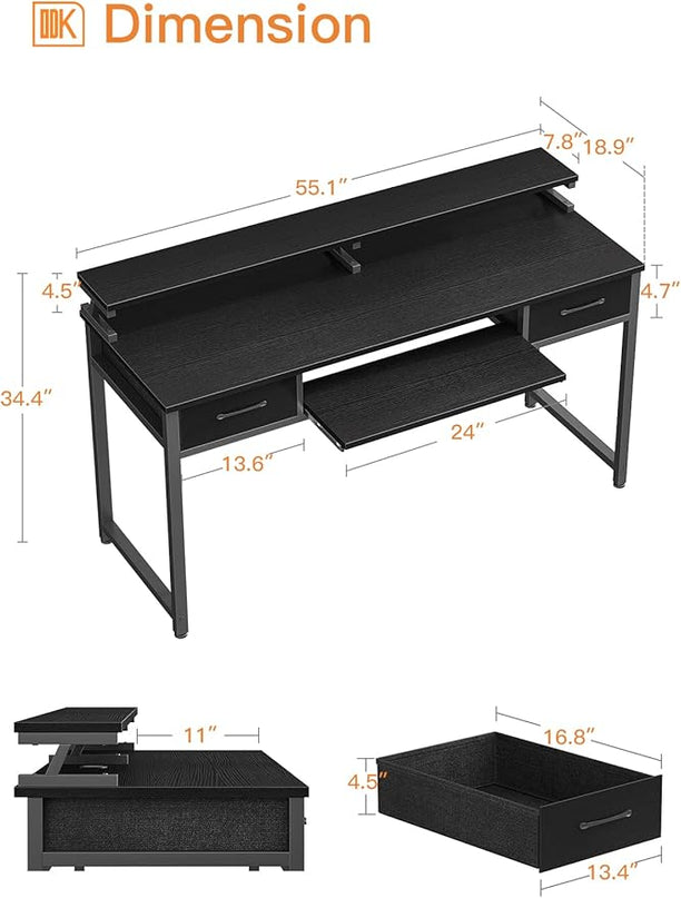 ODK Computer Desk Study Table, 55 Inch Office Desk with Drawers and Keyboard Tray, Study Desk Work Desk with Monitor Shelf, Writing Desk with Storage for Home Office, Black - LeafyLoom