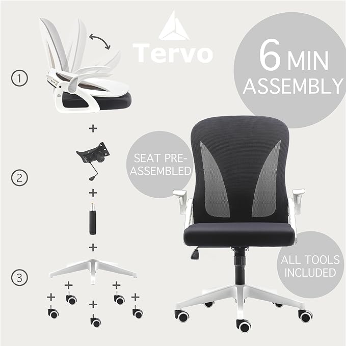 Tervo Model S | Folding Office Chair for Small Spaces | Gaming Chair for Adults & Kids | Ergonomic Mesh Computer Chair for Bedroom | Desk Chair for Home Work | (White & Black) - LeafyLoom