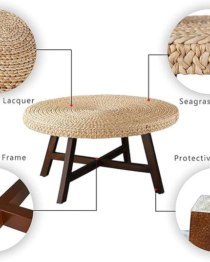 Coffee Table Round, Seagrass Coffee Tables,Pine Wood X Base Frame Cocktail Table, Easy Assembled, Multiple Sizes for Living Room, Solid Wood Table,32 x 17 Inches,Natural - LeafyLoom