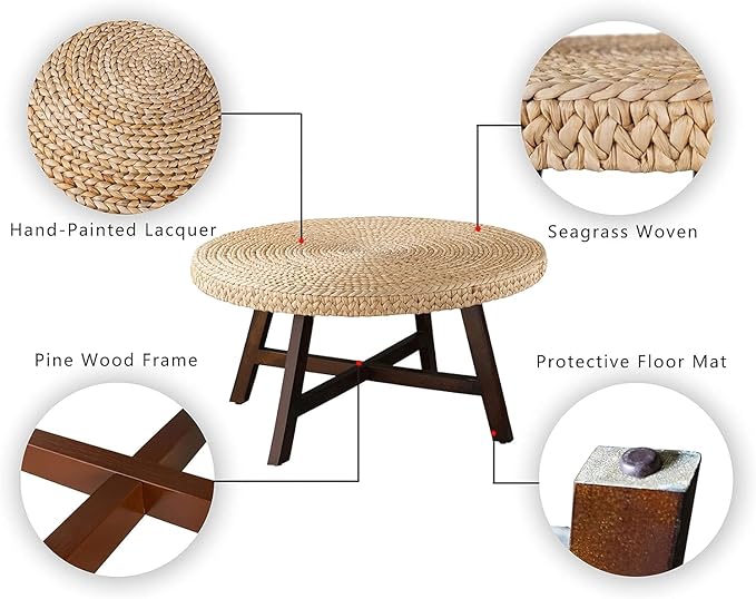 Coffee Table Round, Seagrass Coffee Tables,Pine Wood X Base Frame Cocktail Table, Easy Assembled, Multiple Sizes for Living Room, Solid Wood Table,32 x 17 Inches,Natural - LeafyLoom