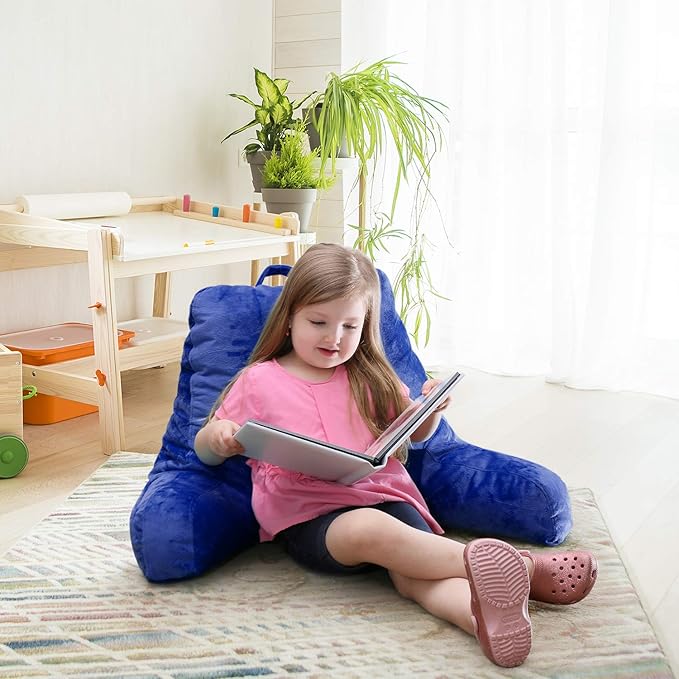 Clara Clark Reading Pillow for Kids, Small Back Pillow for Sitting Up in Bed, Memory Foam Back Support Pillow, Reading Pillows for Sitting in Bed, Royal Blue Gaming Pillow with Arms and Pockets - LeafyLoom