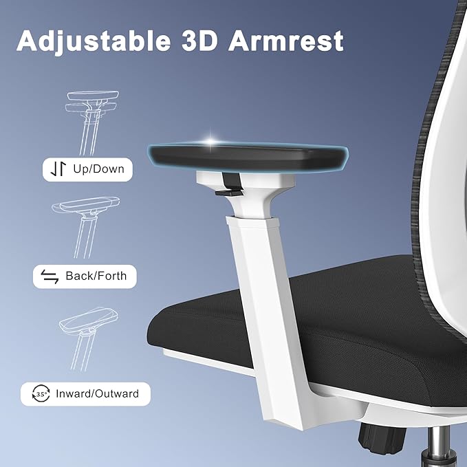 Ergonomic Mesh Office Chair, High Back Desk Chair with 3D Armrests, Adjustable Lumbar Cushion & Adjustable Headrest, Swivel Computer Task Chair with Tilt Function - LeafyLoom