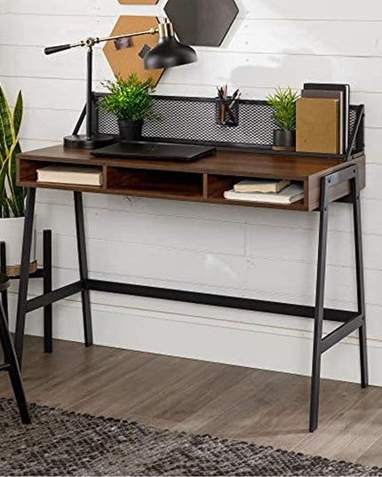 Walker Edison Industrial Mesh Wood Laptop Computer Writing Desk Home Office Workstation Small, 42 Inch, Dark Walnut - LeafyLoom