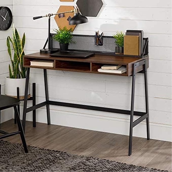 Walker Edison Industrial Mesh Wood Laptop Computer Writing Desk Home Office Workstation Small, 42 Inch, Dark Walnut - LeafyLoom