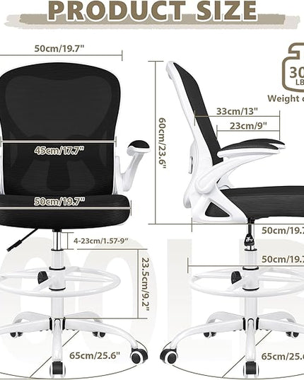 Drafting Chair, Tall Office Chair Ergonomic Standing Desk chair, Lumbar Support Computer Chair Swivel Task Rolling Chair with Adjustable Flip-up Armrests & Foot Ring (White) - LeafyLoom