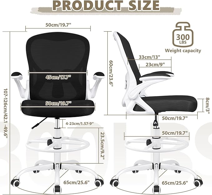 Drafting Chair, Tall Office Chair Ergonomic Standing Desk chair, Lumbar Support Computer Chair Swivel Task Rolling Chair with Adjustable Flip-up Armrests & Foot Ring (White) - LeafyLoom