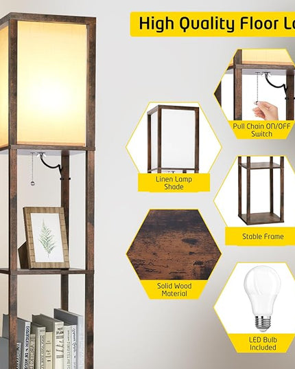 LED Floor Lamp with Shelves, Shelves Floor Lamp for Living Room Bedroom, 4-Tier Modern Shelf Floor Lamp with White Fabric Shape, 3 Color Temperature LED Blub(Brown). - LeafyLoom