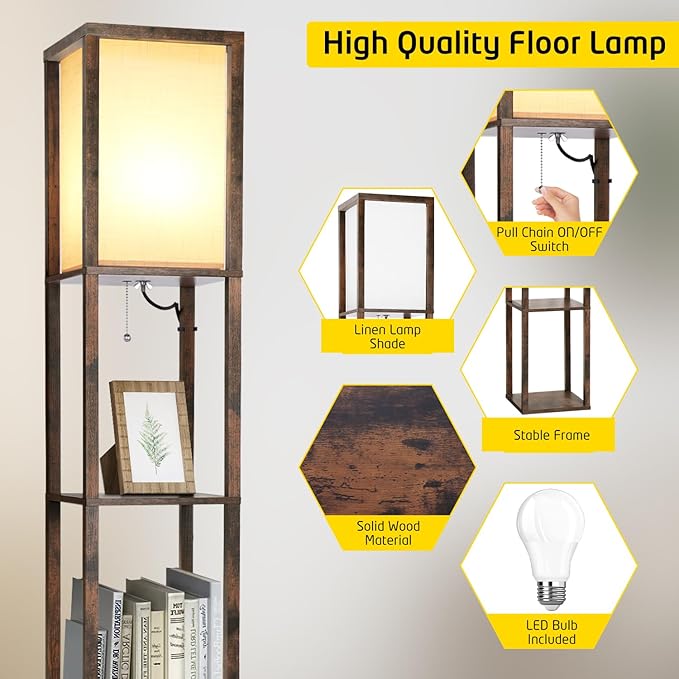 LED Floor Lamp with Shelves, Shelves Floor Lamp for Living Room Bedroom, 4-Tier Modern Shelf Floor Lamp with White Fabric Shape, 3 Color Temperature LED Blub(Brown). - LeafyLoom