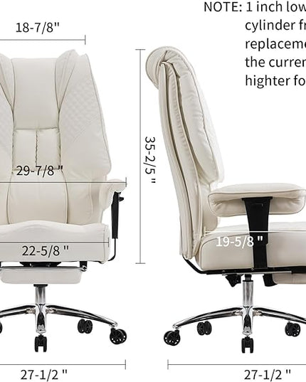 Big and Tall Office Chair 400lbs Wide Seat, Leather High Back Executive Office Chair with Foot Rest, Ergonomic Office Chair Lumbar Support for Lower Back Pain Relief (White) - LeafyLoom