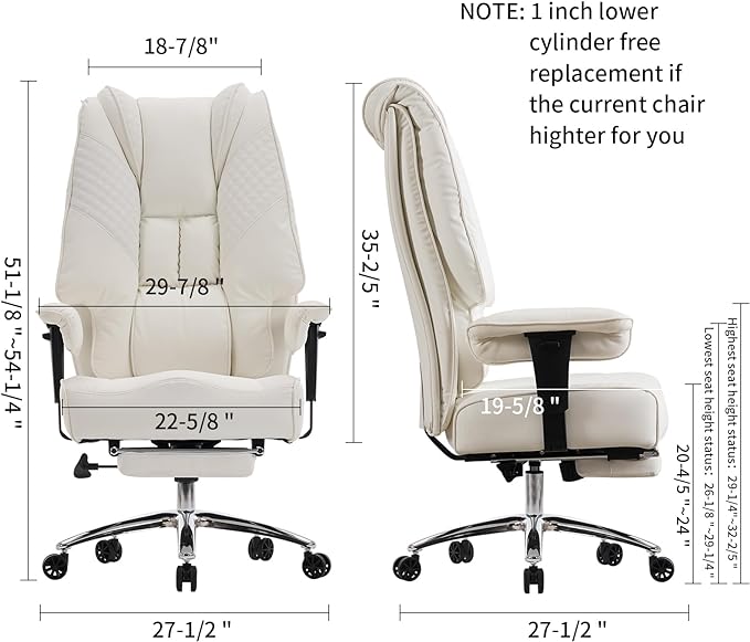 Big and Tall Office Chair 400lbs Wide Seat, Leather High Back Executive Office Chair with Foot Rest, Ergonomic Office Chair Lumbar Support for Lower Back Pain Relief (White) - LeafyLoom
