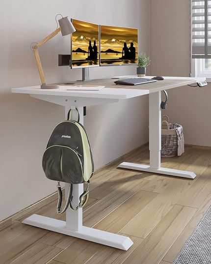 Adjustable Height Electric Standing Desk - 63 x 30 Inch Sit Stand Computer Desk with Splice Board, Stand Up Desk Table for Home Office, White Frame/White and Oak Top - LeafyLoom