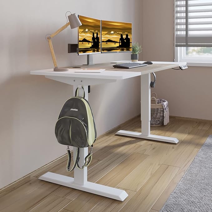Adjustable Height Electric Standing Desk - 63 x 30 Inch Sit Stand Computer Desk with Splice Board, Stand Up Desk Table for Home Office, White Frame/White and Oak Top - LeafyLoom