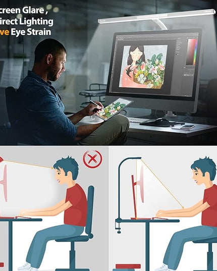 Quntis LED Desk Light, 31.5'' Super Bright Wide Desk Lamps for Home Office, 20W Dimmable 5 Brightness & 4 Color Architect Clamp Task Lamp, Flexible Gooseneck Office Light for Monitor Workbench Studio - LeafyLoom