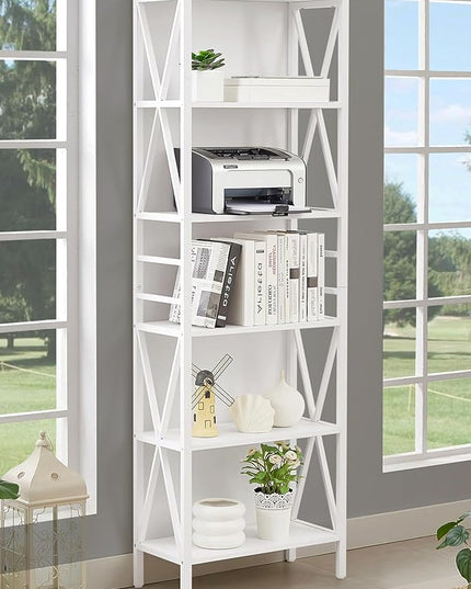 HOMISSUE Bookshelf, 6-Tier Tall Bookshelf, Rustic Wood Metal Bookshelves and Bookcases, Freestanding Open Bookshelf, Industrial Bookcase for Home Office, Living Room and Bedroom, White - LeafyLoom