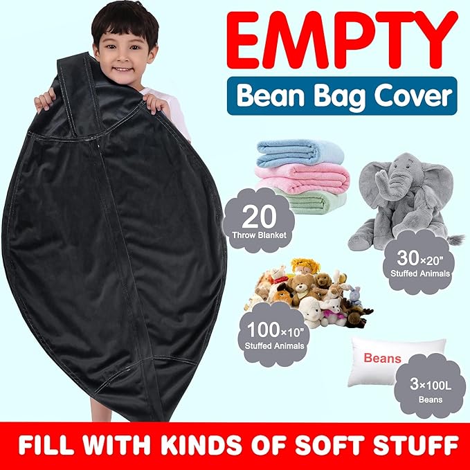 Lukeight Stuffed Animal Storage Bean Bag Chair Cover for Kids, Zipper Beanbag Chair Cover for Organizing Toddler & Kids' Rooms Plush Toys (Black, XX-Large) - LeafyLoom