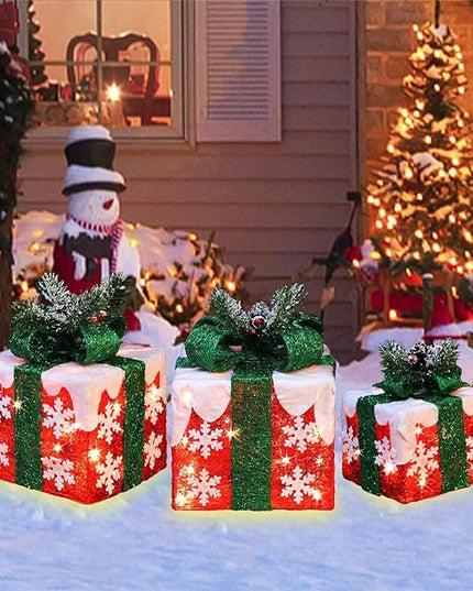[Large 10"x8.5"x6.5" Christmas Set of 3 Lighted Gift Boxes Decorations Pre-lit 70 Super-Bright LED with Flashers,for Indoor Outdoor Christmas Tree Skirt Ornament Pathway Holiday Party Home GLOWNOVA