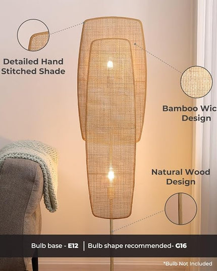 Amud - Floor Lamp, 2-Light with Bamboo Wicker Panels Wood Finish, Beige - LeafyLoom