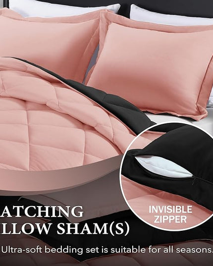 downluxe Queen Comforter Set - Pink and Black Queen Comforter, Soft Bedding Sets for All Seasons -3 Pieces - 1 Comforter (88"x92") and 2 Pillow Shams(20"x26") - LeafyLoom
