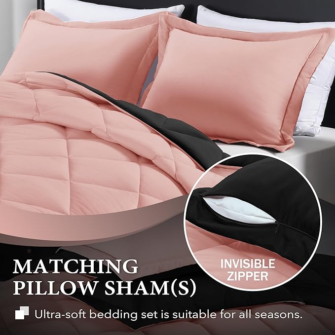 downluxe Queen Comforter Set - Pink and Black Queen Comforter, Soft Bedding Sets for All Seasons -3 Pieces - 1 Comforter (88"x92") and 2 Pillow Shams(20"x26") - LeafyLoom