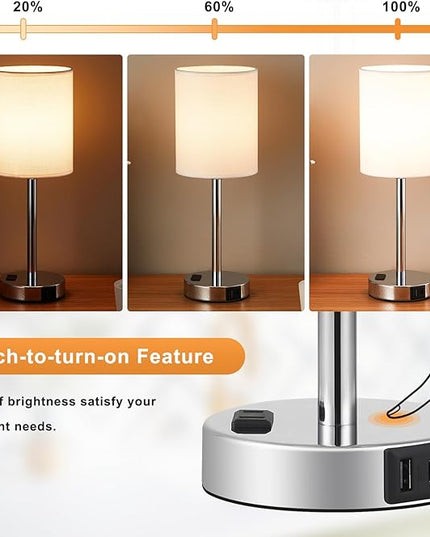 Bedside Table Lamps for Bedroom Set of 2 - Touch Nightstand Lamp with USB-A+C Charging Ports & AC Outlet - 3 Way Dimmable Small Desk Lamp White for Office, Living Room, Reading - LeafyLoom
