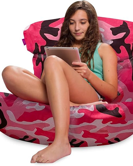 Posh Creations Structured Comfy Bean Bag Chair for Gaming, Reading and Watching TV, Laguna Lounger, Nylon - Camo Pink and Black - LeafyLoom
