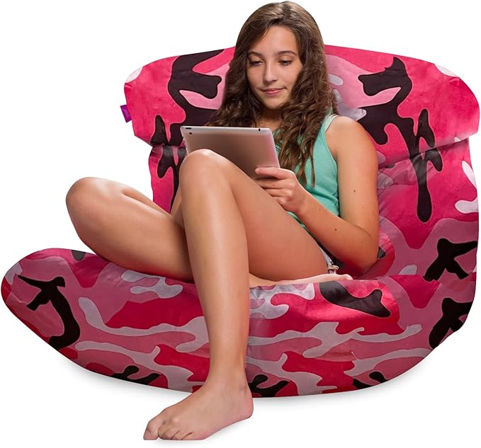 Posh Creations Structured Comfy Bean Bag Chair for Gaming, Reading and Watching TV, Laguna Lounger, Nylon - Camo Pink and Black - LeafyLoom