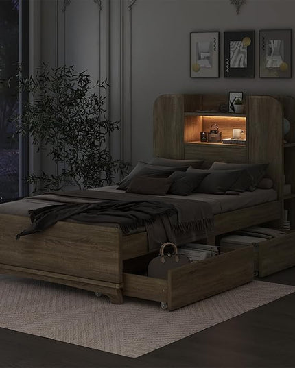 Merax Twin Size Bed Frame with Headboard and 2 Drawers,Kids Wood Platform Bed with Storage Underneath and Functional Headboard - LeafyLoom