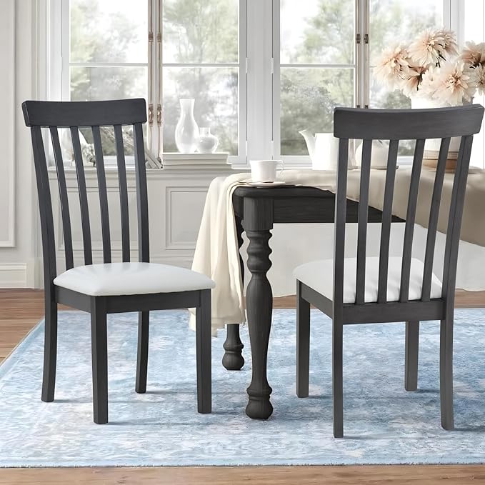 COLAMY Wooden Dining Chairs Set of 4, PU Leather Dining Room Kitchen Side Chair with Spindle High Back and Adjustable Foot Pegs - Grey - LeafyLoom