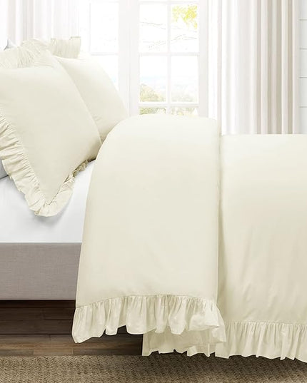 Lush Decor Reyna Ruffle 100% Cotton Duvet Cover Set - 3 Piece Cozy Ruffled Bedding Set - Timeless Elegance and Comfort - Full/ Queen, Ivory - LeafyLoom