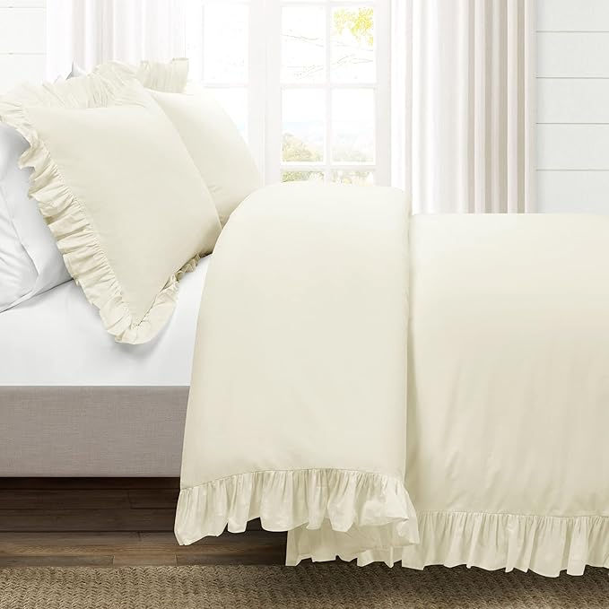 Lush Decor Reyna Ruffle 100% Cotton Duvet Cover Set - 3 Piece Cozy Ruffled Bedding Set - Timeless Elegance and Comfort - Full/ Queen, Ivory - LeafyLoom