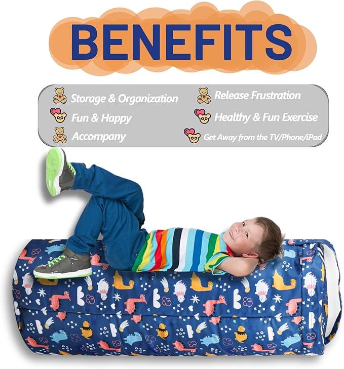 Dinosaur Stuffed Animal Storage Bean Bag Cover for Kids - Organize, Sit, Play & Box Help Promote Comfort and Relaxation - Perfect Playroom & Bedroom Plush Toys Beanbag, Cylinder, Best Gift for Kids - LeafyLoom