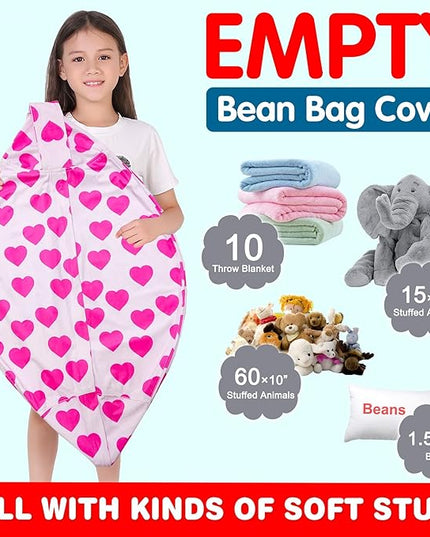 Lukeight Stuffed Animal Storage Bean Bag Chair Cover for Kids, Zipper Beanbag Chair Cover for Organizing Toddler & Kids' Rooms Plush Toys (Heart Velvet, Large) - LeafyLoom